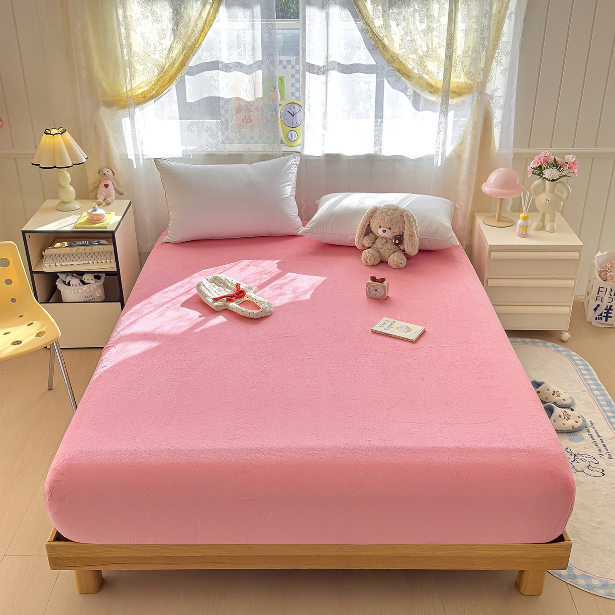 91家纺网 家纺一手货源 找家纺 灿哈家纺 2025新款牛奶绒印花床笠单品床笠床笠单件床笠三件套 深粉