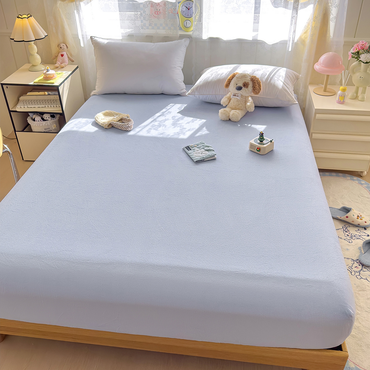 91家纺网 家纺一手货源 找家纺 灿哈家纺 2025新款牛奶绒印花床笠单品床笠床笠单件床笠三件套 海水蓝