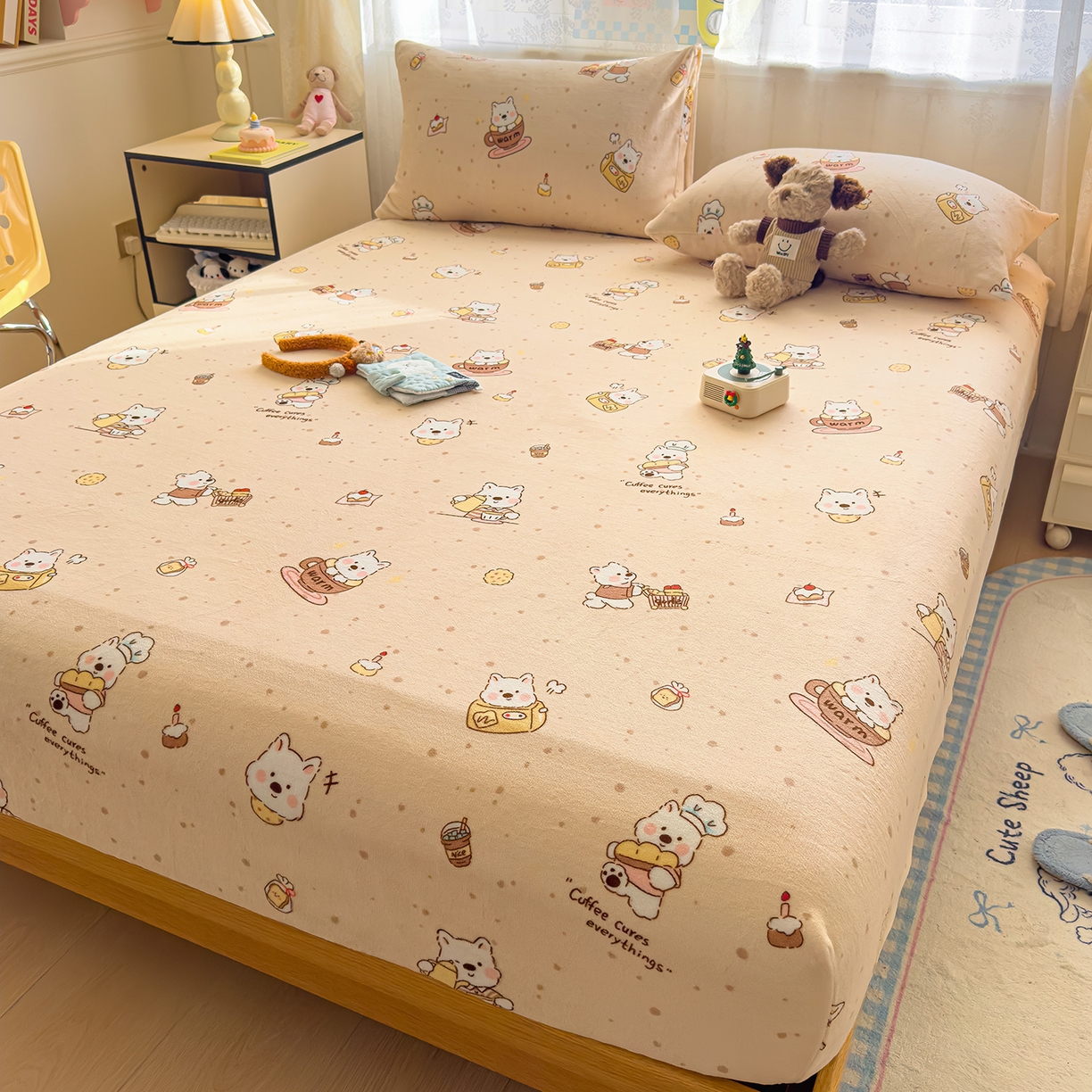 91家纺网 家纺一手货源 找家纺 灿哈家纺 2025新款牛奶绒印花床笠单品床笠床笠单件床笠三件套 咖啡熊