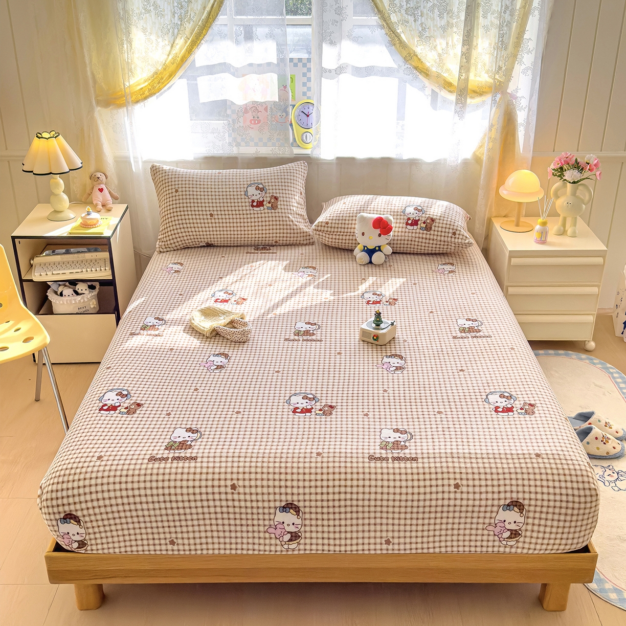 91家纺网 家纺一手货源 找家纺 灿哈家纺 2025新款牛奶绒印花床笠单品床笠床笠单件床笠三件套 格子猫-咖色