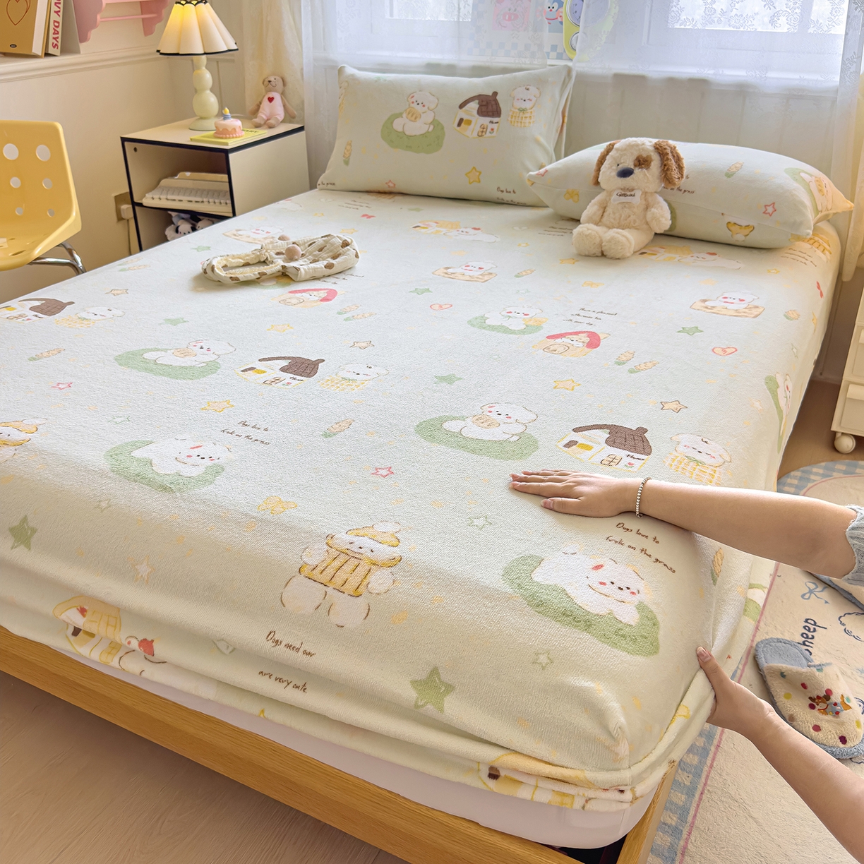 91家纺网 家纺一手货源 找家纺 灿哈家纺 2025新款牛奶绒印花床笠单品床笠床笠单件床笠三件套 仔仔乐园