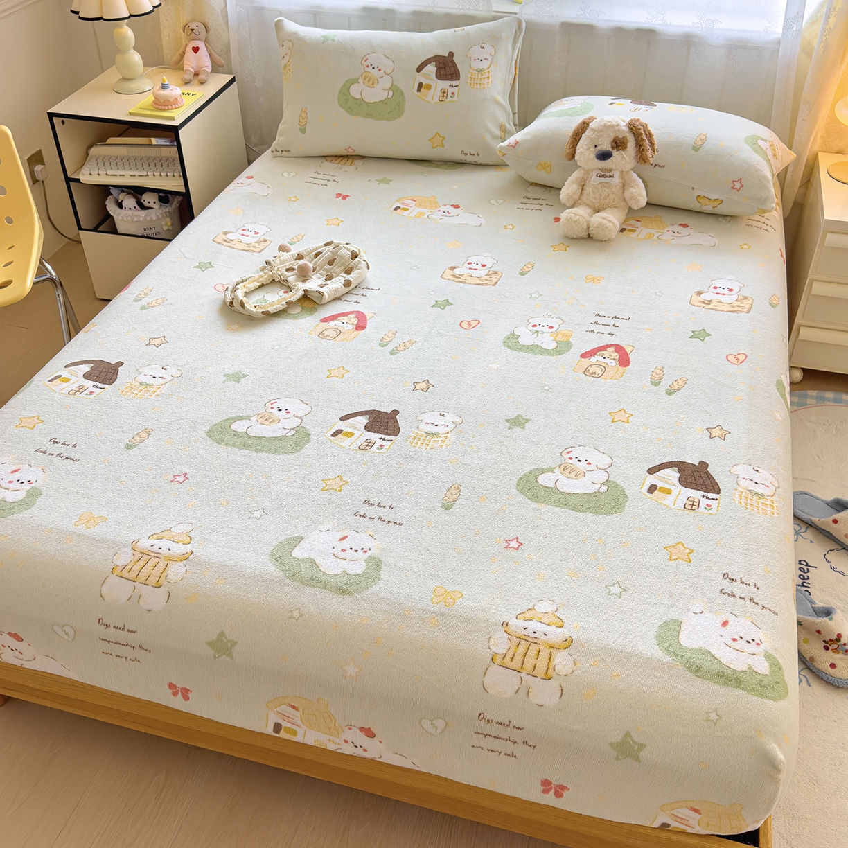 91家纺网 家纺一手货源 找家纺 灿哈家纺 2025新款牛奶绒印花床笠单品床笠床笠单件床笠三件套 仔仔乐园