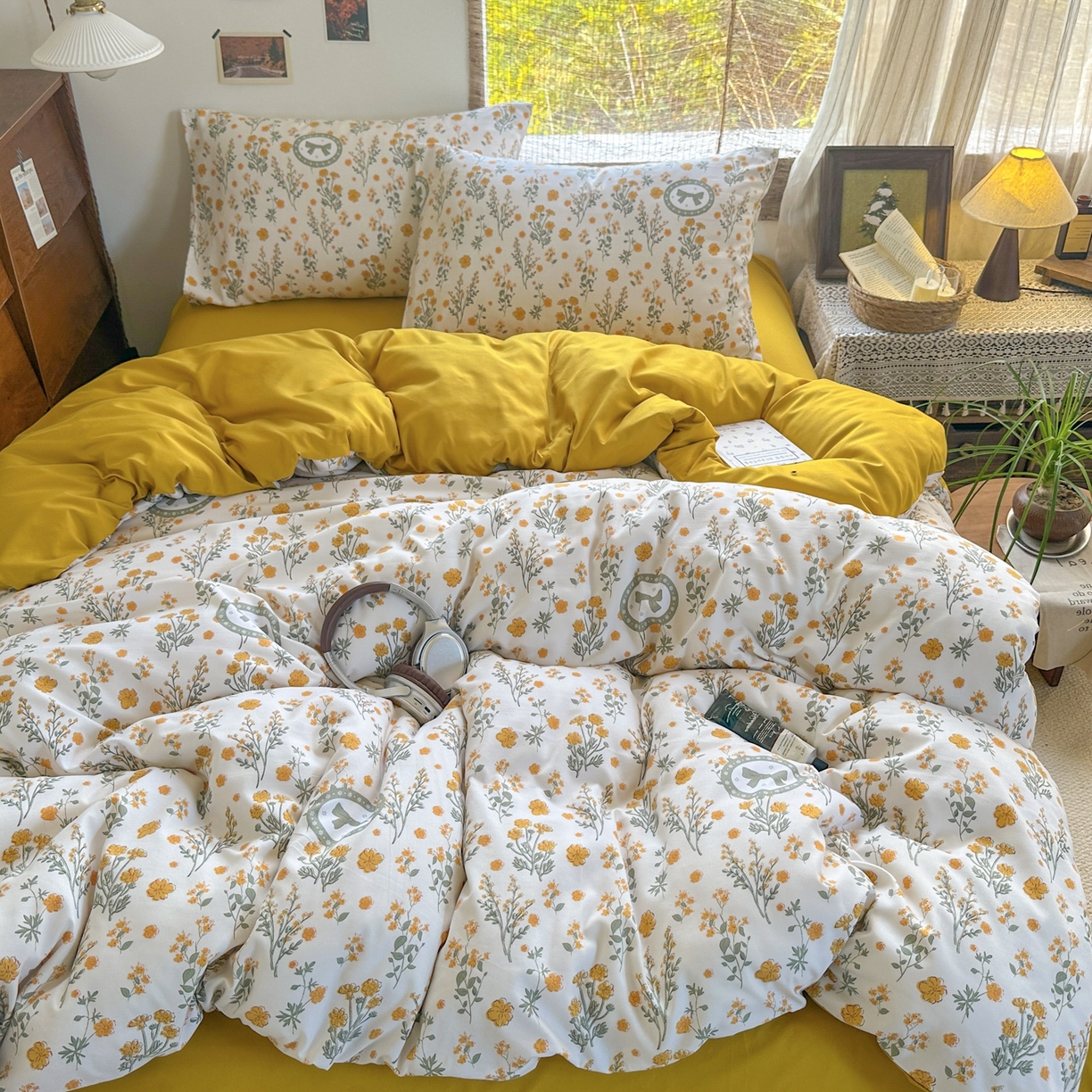 91家纺网 家纺一手货源 找家纺 （总）曼璐家纺 2025新款碎花双拼水洗棉四件套学生宿舍三件套单双人被套和床笠款-床单床笠套件