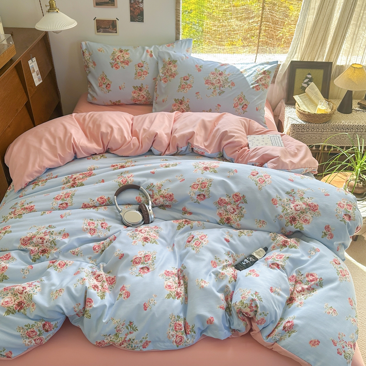 91家纺网 家纺一手货源 找家纺 （总）曼璐家纺 2025新款碎花双拼水洗棉四件套学生宿舍三件套单双人被套和床笠款-床单床笠套件