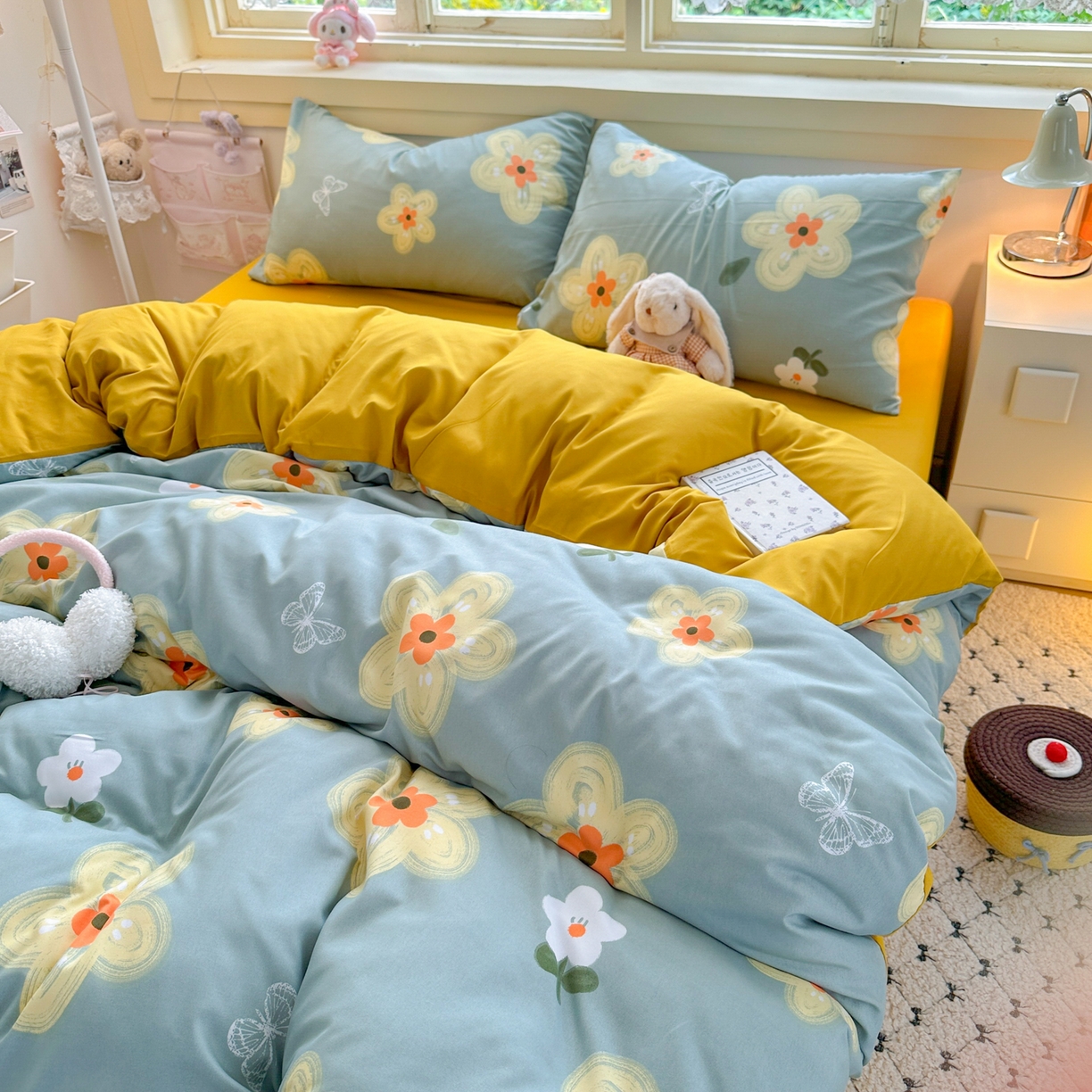 91家纺网 家纺一手货源 找家纺 曼璐家纺 2025新款碎花双拼水洗棉四件套学生宿舍三件套单双人被套和床笠款-床单床笠套件 闭月羞花