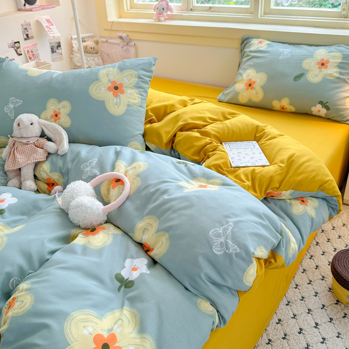 91家纺网 家纺一手货源 找家纺 曼璐家纺 2025新款碎花双拼水洗棉四件套学生宿舍三件套单双人被套和床笠款-床单床笠套件 闭月羞花