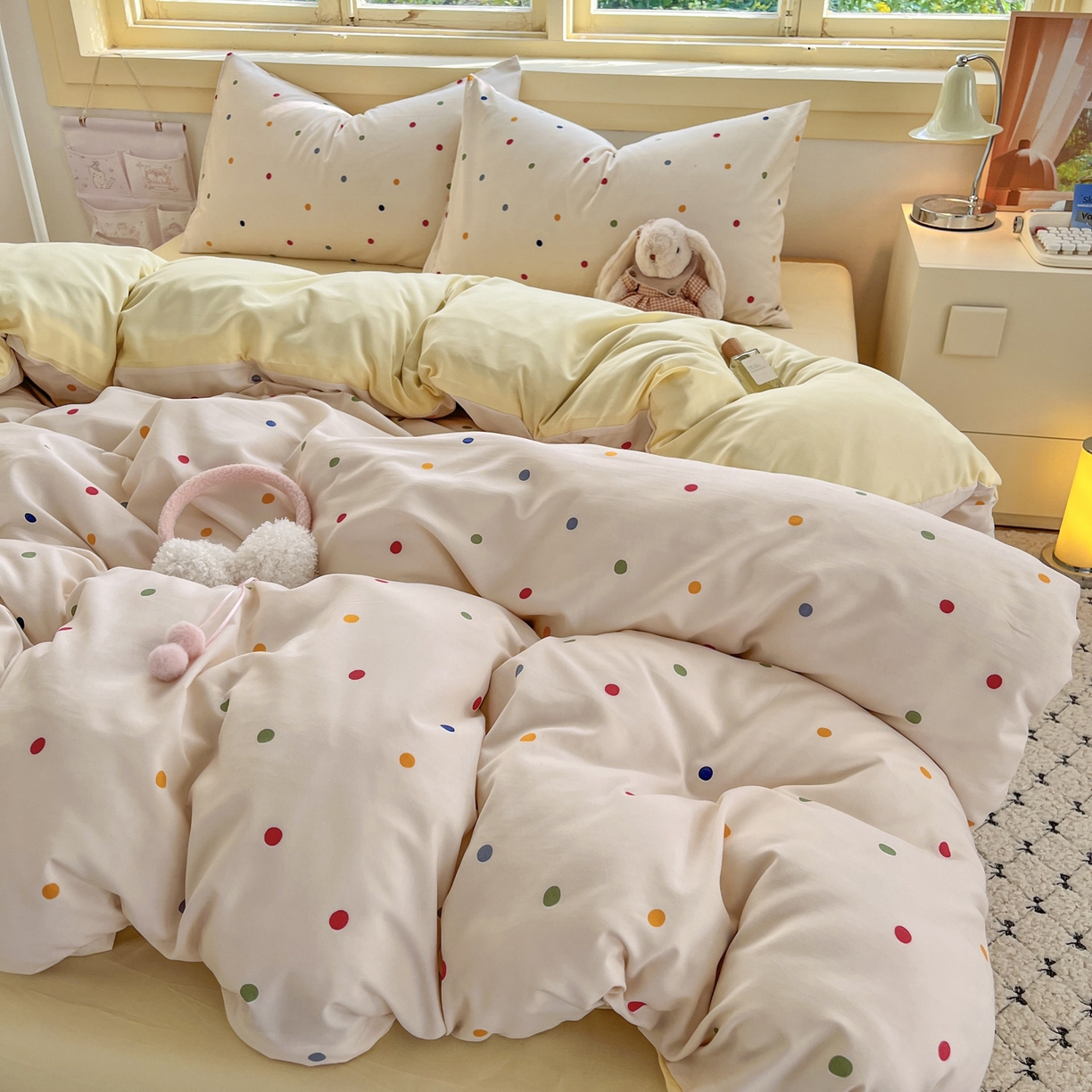 91家纺网 家纺一手货源 找家纺 曼璐家纺 2025新款碎花双拼水洗棉四件套学生宿舍三件套单双人被套和床笠款-床单床笠套件 奶油波波