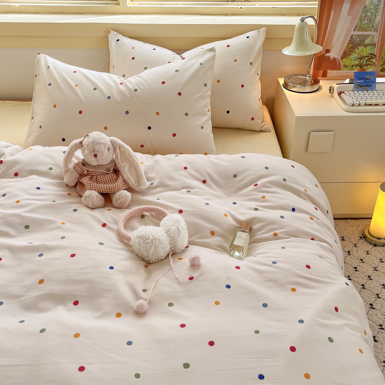 91家纺网 家纺一手货源 找家纺 曼璐家纺 2025新款碎花双拼水洗棉四件套学生宿舍三件套单双人被套和床笠款-床单床笠套件 奶油波波