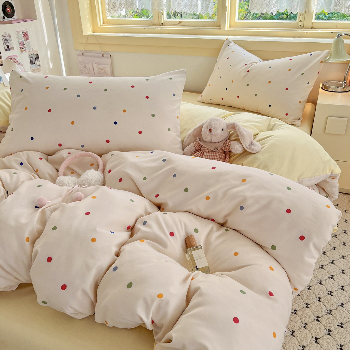 91家纺网 家纺一手货源 找家纺 曼璐家纺 2025新款碎花双拼水洗棉四件套学生宿舍三件套单双人被套和床笠款-床单床笠套件 奶油波波