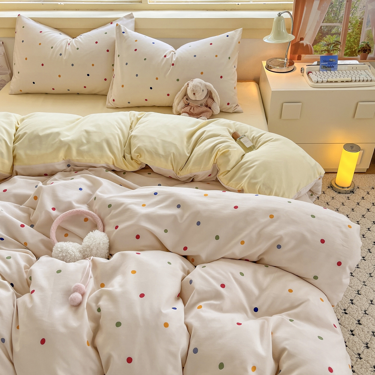 91家纺网 家纺一手货源 找家纺 曼璐家纺 2025新款碎花双拼水洗棉四件套学生宿舍三件套单双人被套和床笠款-床单床笠套件 奶油波波