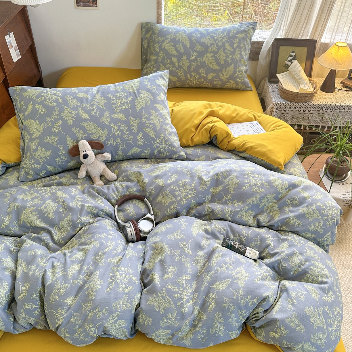 91家纺网 家纺一手货源 找家纺 曼璐家纺 2025新款碎花双拼水洗棉四件套学生宿舍三件套单双人被套和床笠款-床单床笠套件 深情-绿