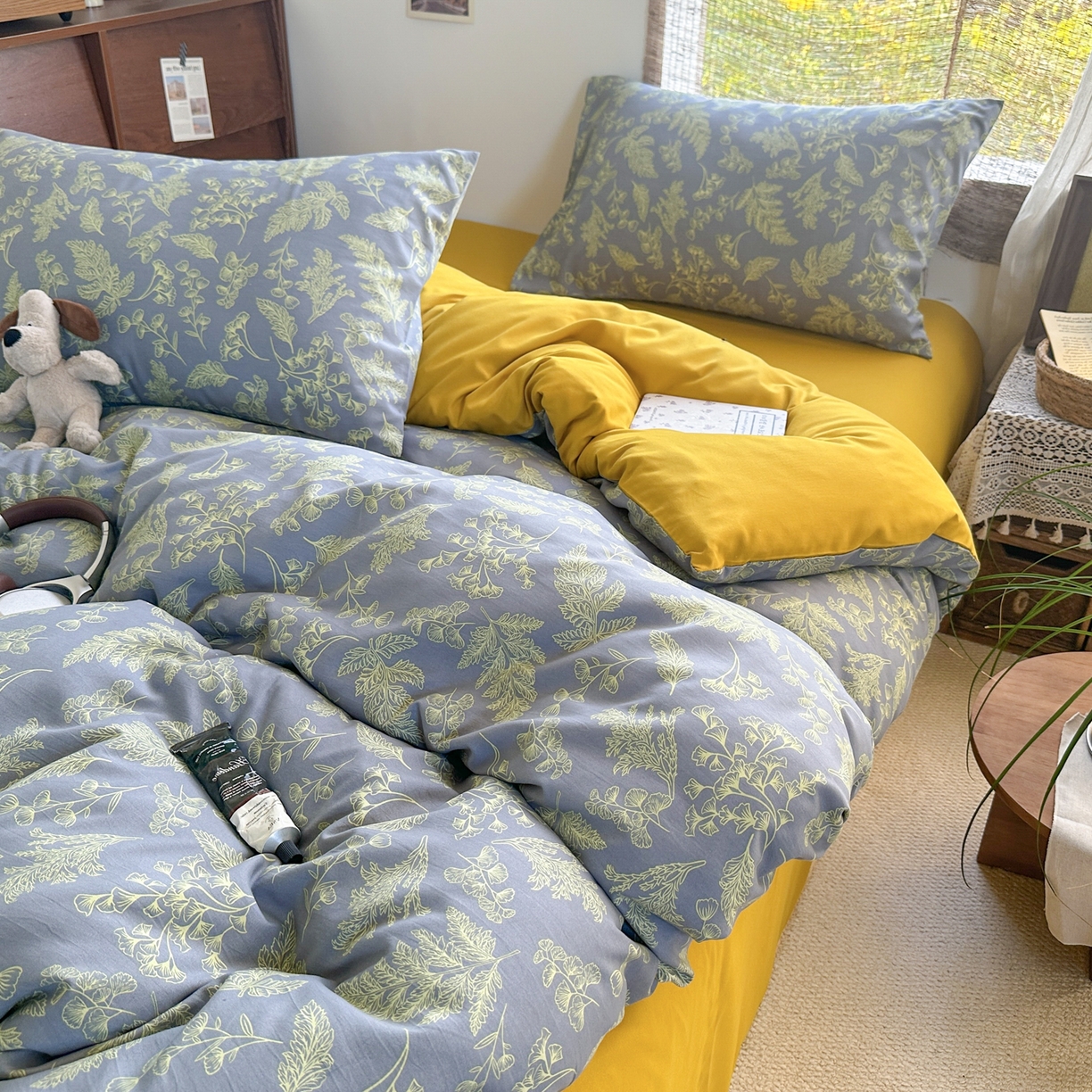 91家纺网 家纺一手货源 找家纺 曼璐家纺 2025新款碎花双拼水洗棉四件套学生宿舍三件套单双人被套和床笠款-床单床笠套件 深情-绿