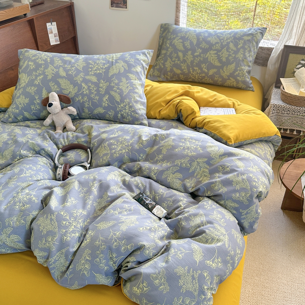 91家纺网 家纺一手货源 找家纺 曼璐家纺 2025新款碎花双拼水洗棉四件套学生宿舍三件套单双人被套和床笠款-床单床笠套件 深情-绿