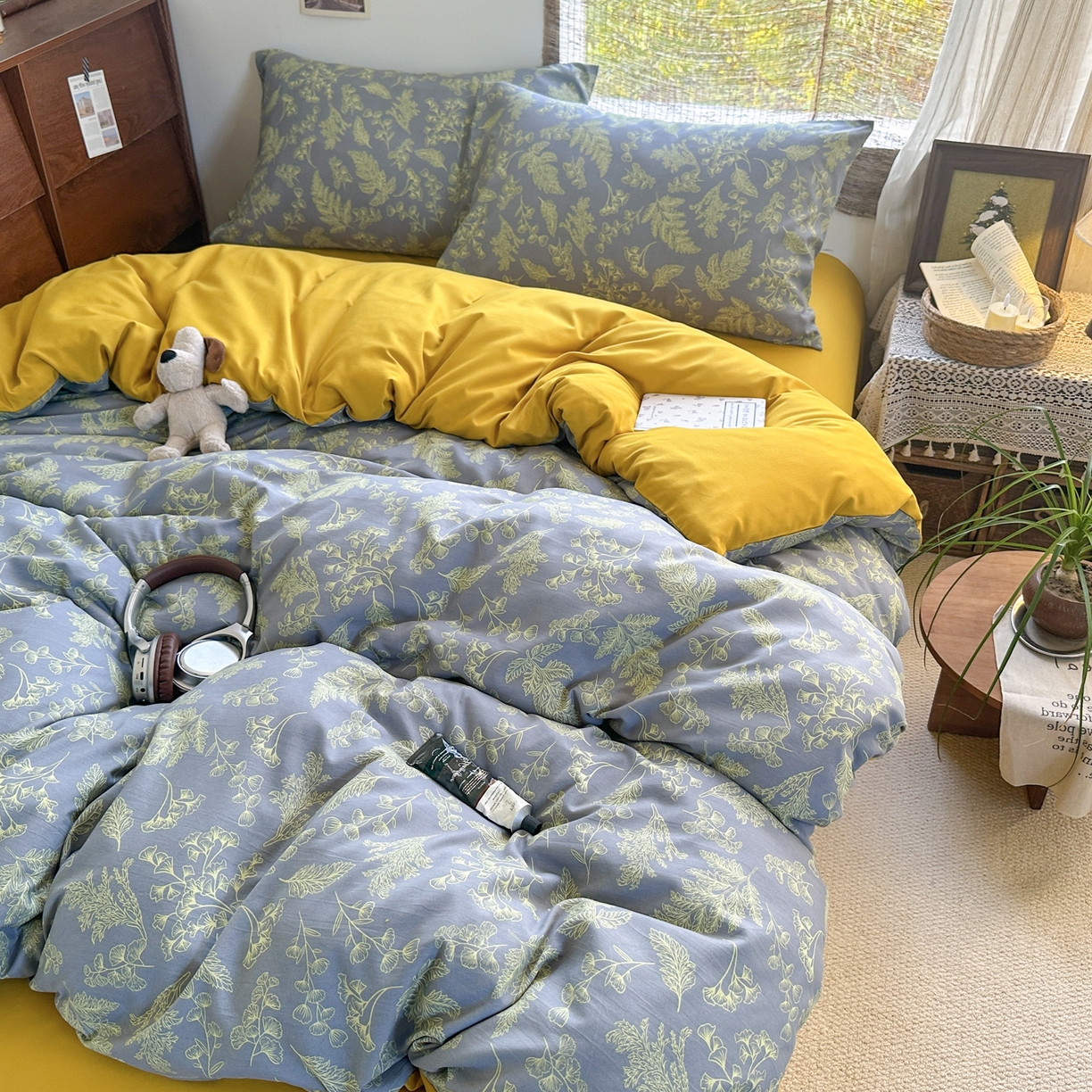 91家纺网 家纺一手货源 找家纺 曼璐家纺 2025新款碎花双拼水洗棉四件套学生宿舍三件套单双人被套和床笠款-床单床笠套件 深情-绿