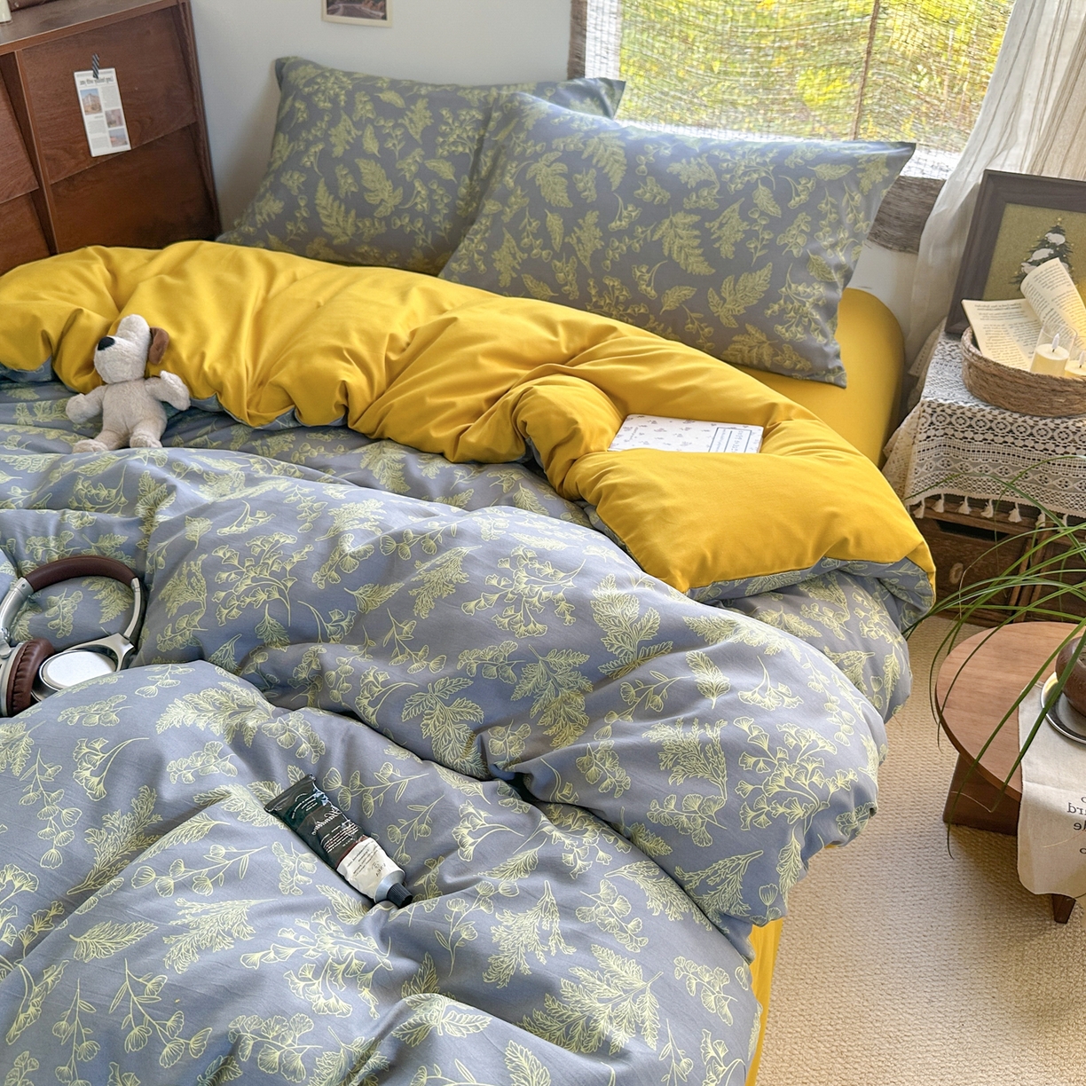 91家纺网 家纺一手货源 找家纺 曼璐家纺 2025新款碎花双拼水洗棉四件套学生宿舍三件套单双人被套和床笠款-床单床笠套件 深情-绿