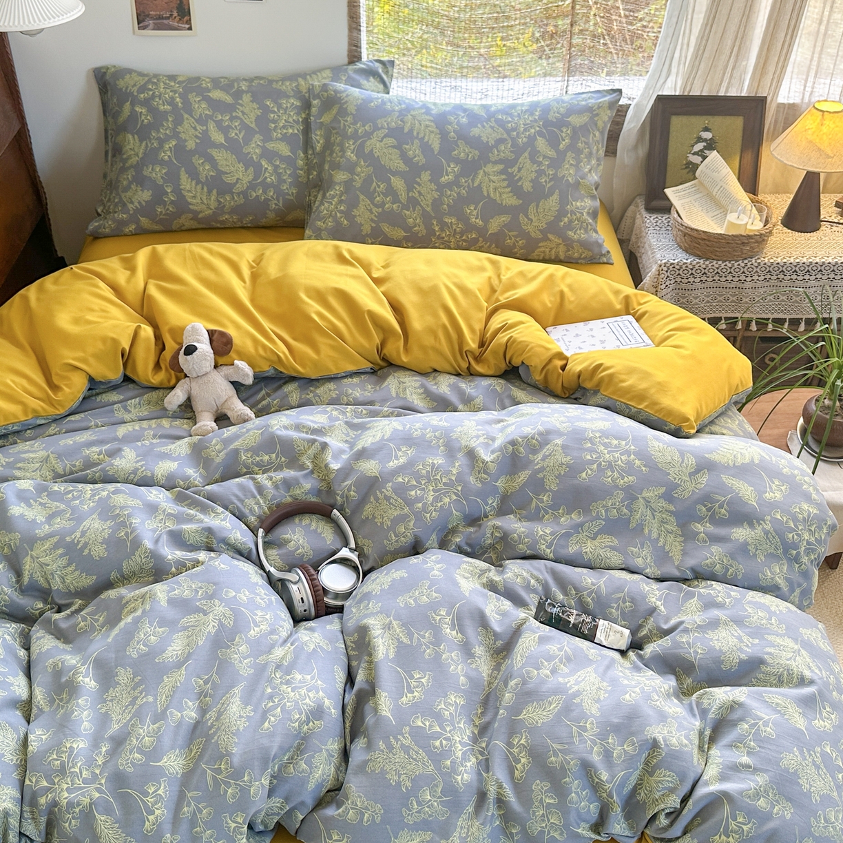 91家纺网 家纺一手货源 找家纺 曼璐家纺 2025新款碎花双拼水洗棉四件套学生宿舍三件套单双人被套和床笠款-床单床笠套件 深情-绿