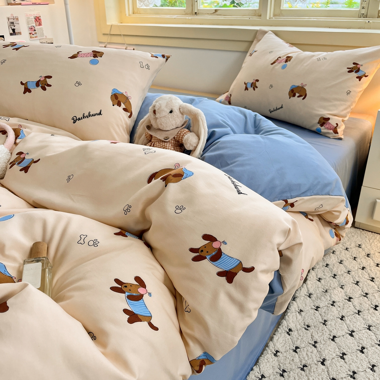 91家纺网 家纺一手货源 找家纺 曼璐家纺 2025新款碎花双拼水洗棉四件套学生宿舍三件套单双人被套和床笠款-床单床笠套件 旺仔