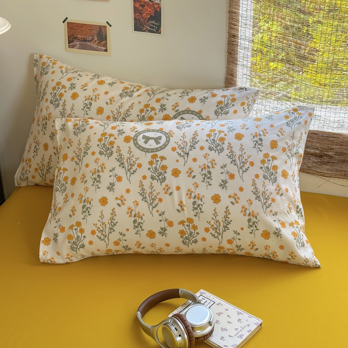 91家纺网 家纺一手货源 找家纺 曼璐家纺 2025新款碎花双拼水洗棉四件套学生宿舍三件套单双人被套和床笠款-床单床笠套件 假日-橘