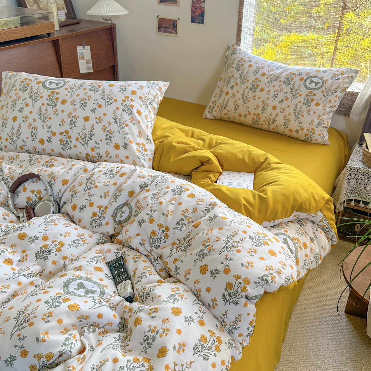 91家纺网 家纺一手货源 找家纺 曼璐家纺 2025新款碎花双拼水洗棉四件套学生宿舍三件套单双人被套和床笠款-床单床笠套件 假日-橘