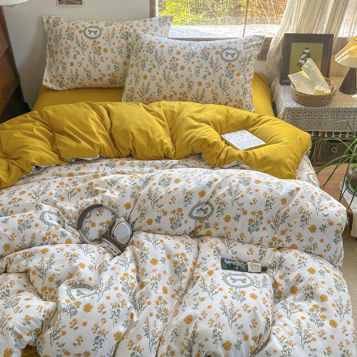 91家纺网 家纺一手货源 找家纺 曼璐家纺 2025新款碎花双拼水洗棉四件套学生宿舍三件套单双人被套和床笠款-床单床笠套件 假日-橘