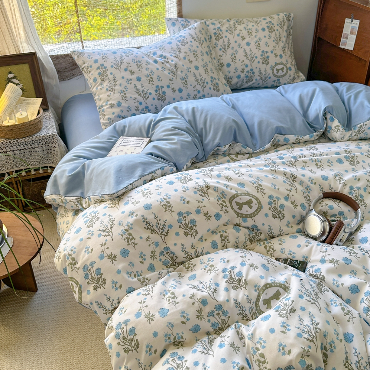 91家纺网 家纺一手货源 找家纺 曼璐家纺 2025新款碎花双拼水洗棉四件套学生宿舍三件套单双人被套和床笠款-床单床笠套件 假日-蓝