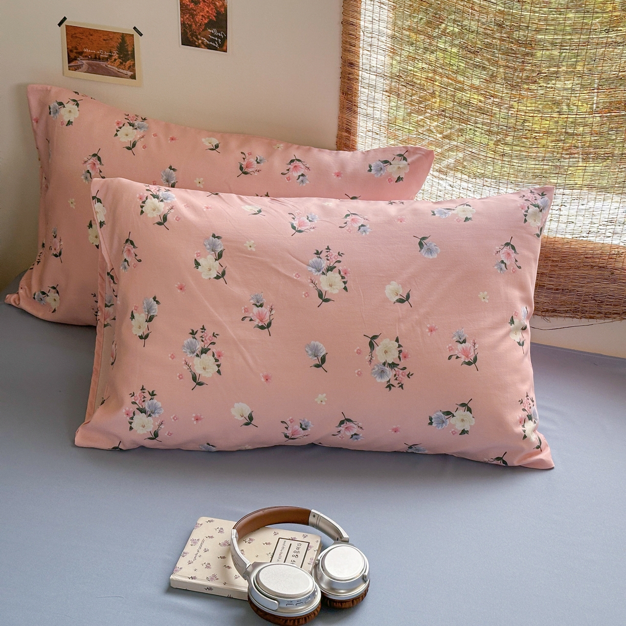 91家纺网 家纺一手货源 找家纺 曼璐家纺 2025新款碎花双拼水洗棉四件套学生宿舍三件套单双人被套和床笠款-床单床笠套件 静香-粉