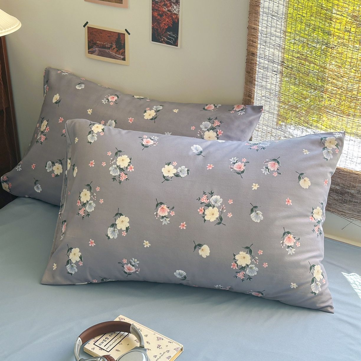 91家纺网 家纺一手货源 找家纺 曼璐家纺 2025新款碎花双拼水洗棉四件套学生宿舍三件套单双人被套和床笠款-床单床笠套件 静香-灰