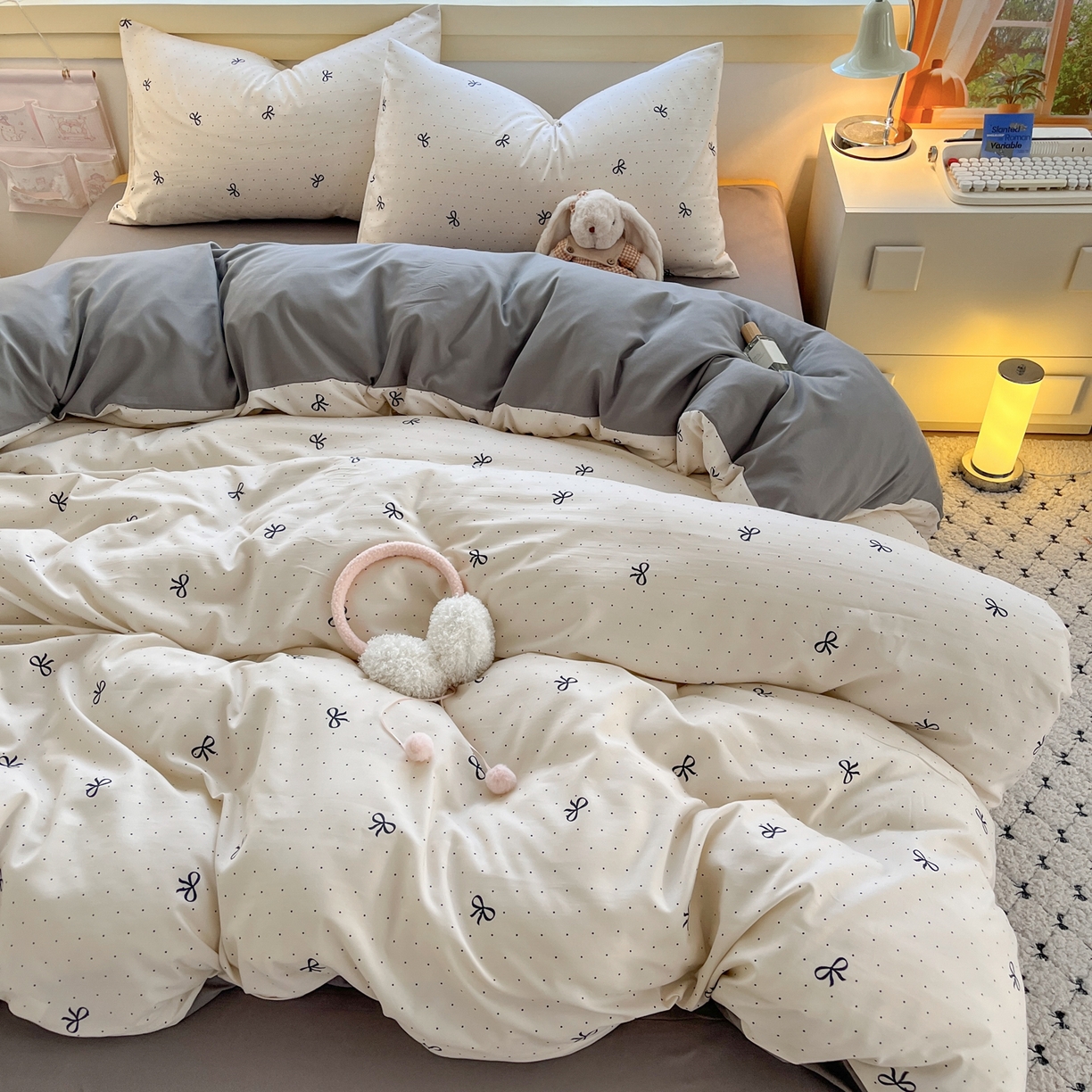 曼璐家纺 2025新款碎花双拼水洗棉四件套学生宿舍三件套单双人被套和床笠款-床单床笠套件 可颂-米