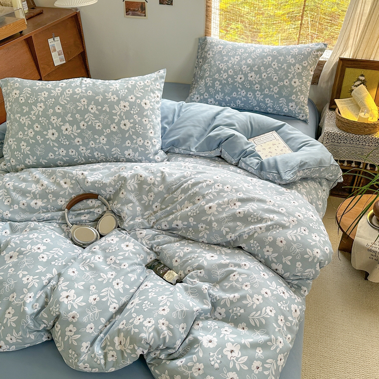 91家纺网 家纺一手货源 找家纺 曼璐家纺 2025新款碎花双拼水洗棉四件套学生宿舍三件套单双人被套和床笠款-床单床笠套件 木槿