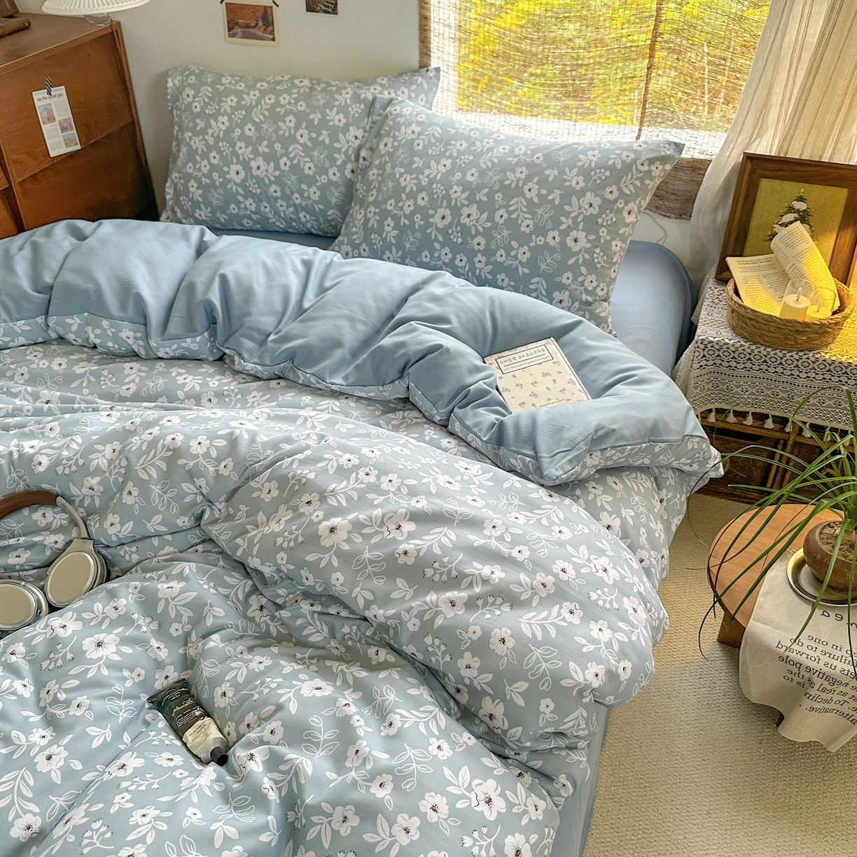 91家纺网 家纺一手货源 找家纺 曼璐家纺 2025新款碎花双拼水洗棉四件套学生宿舍三件套单双人被套和床笠款-床单床笠套件 木槿