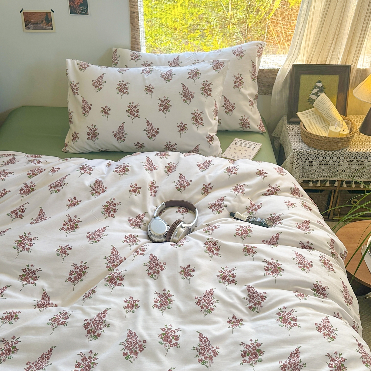 91家纺网 家纺一手货源 找家纺 曼璐家纺 2025新款碎花双拼水洗棉四件套学生宿舍三件套单双人被套和床笠款-床单床笠套件 南枝