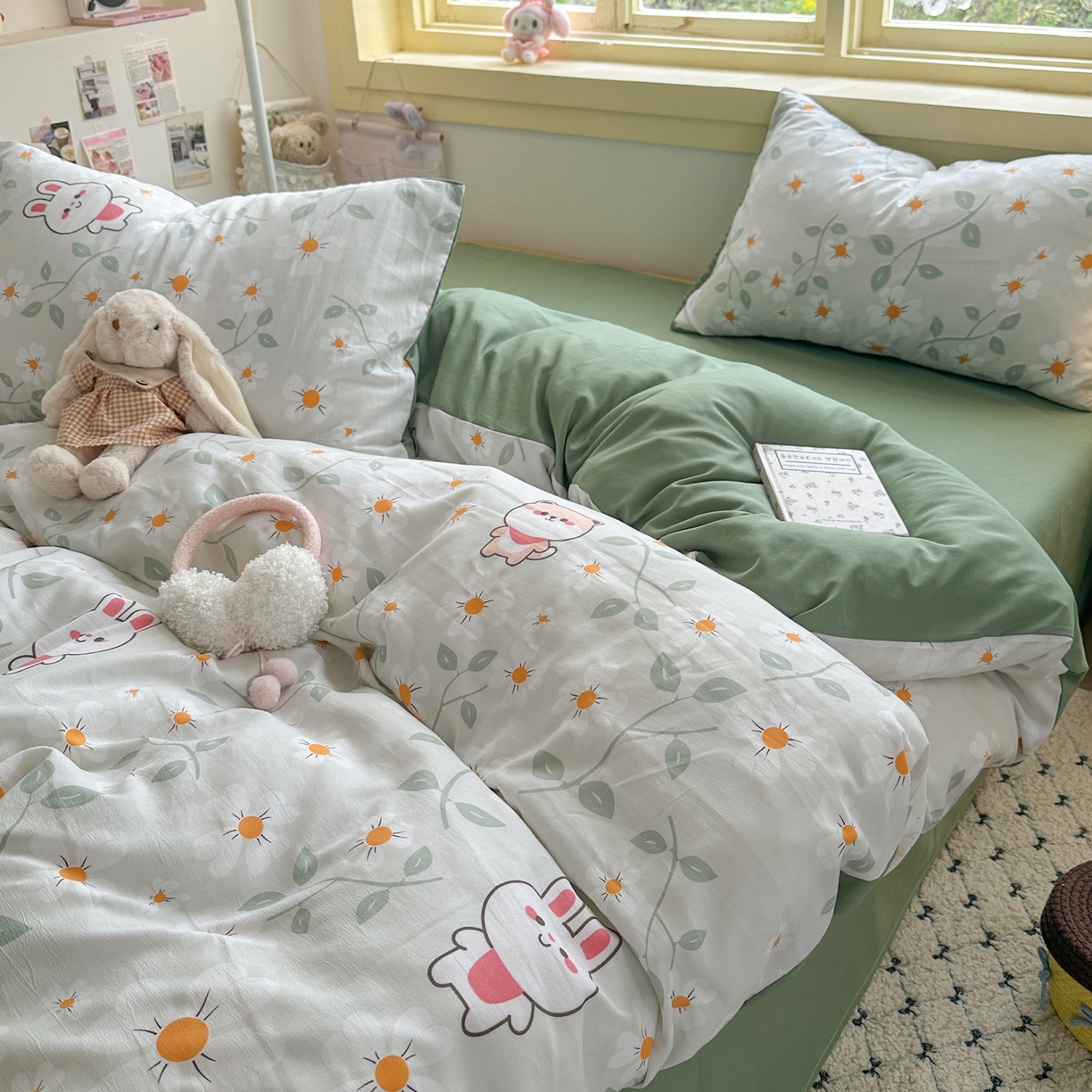 91家纺网 家纺一手货源 找家纺 曼璐家纺 2025新款碎花双拼水洗棉四件套学生宿舍三件套单双人被套和床笠款-床单床笠套件 趣味花园