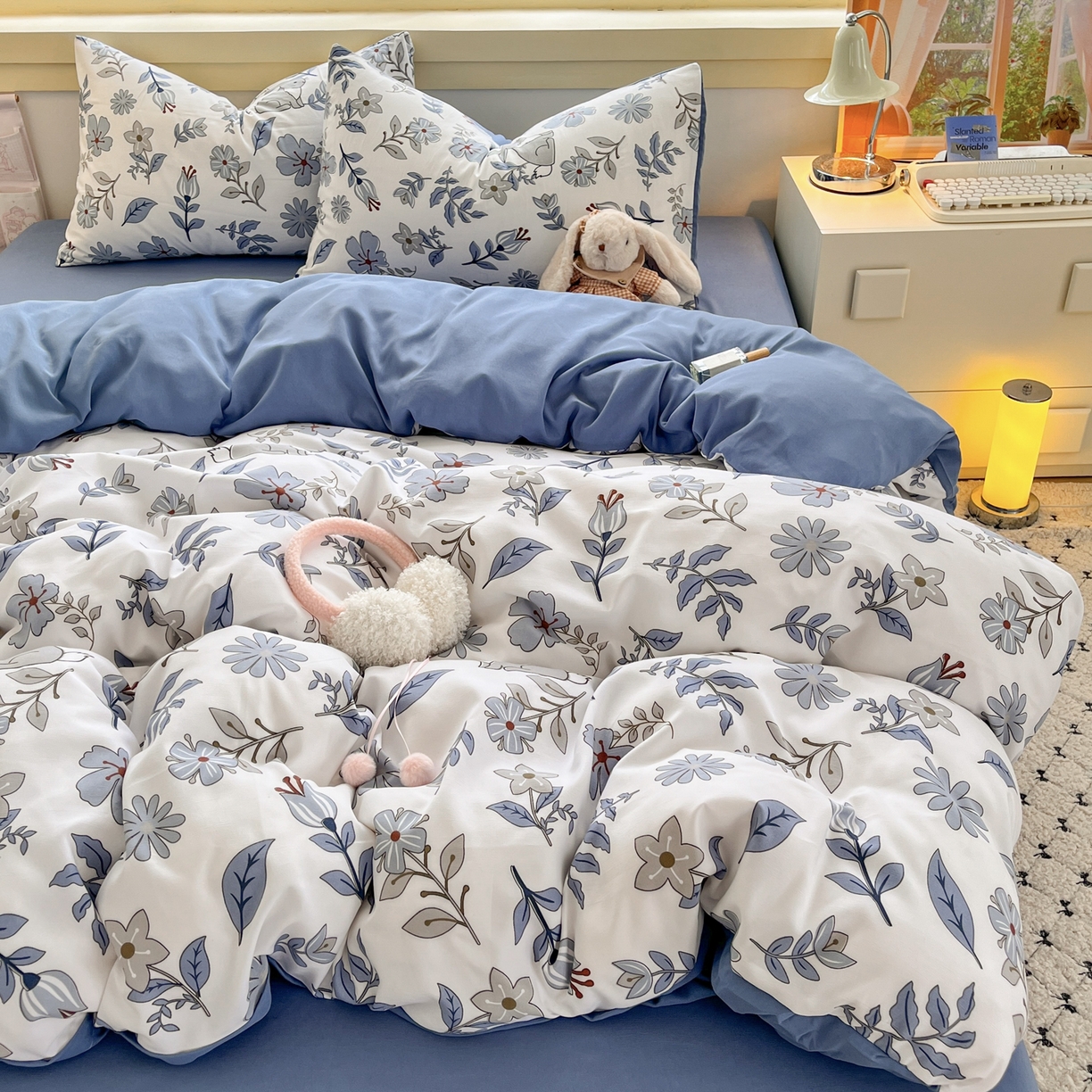 91家纺网 家纺一手货源 找家纺 曼璐家纺 2025新款碎花双拼水洗棉四件套学生宿舍三件套单双人被套和床笠款-床单床笠套件 欣欣向荣