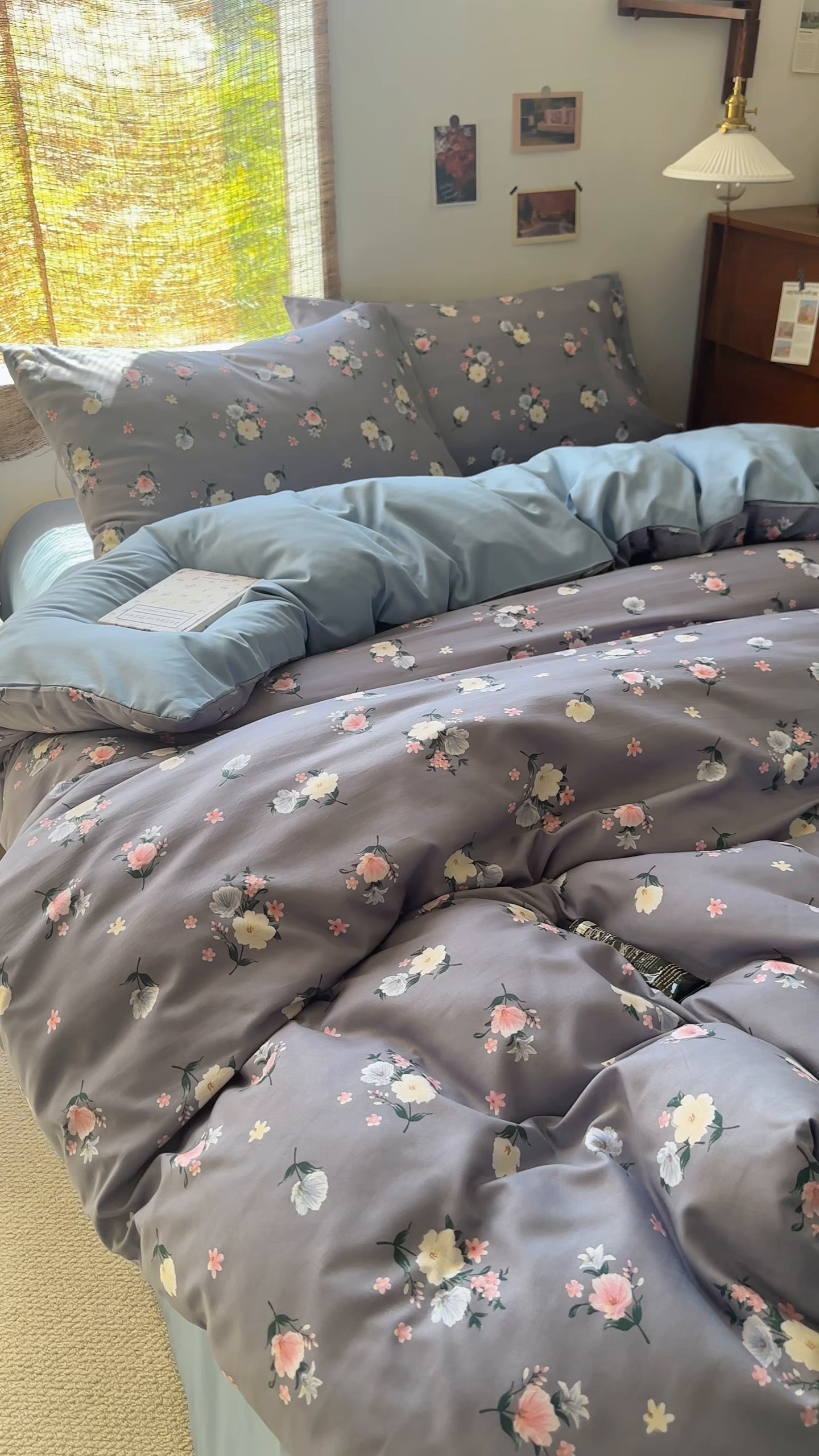 91家纺网 家纺一手货源 找家纺 曼璐家纺 2025新款碎花双拼水洗棉四件套学生宿舍三件套单双人被套和床笠款-床单床笠套件 静香-灰