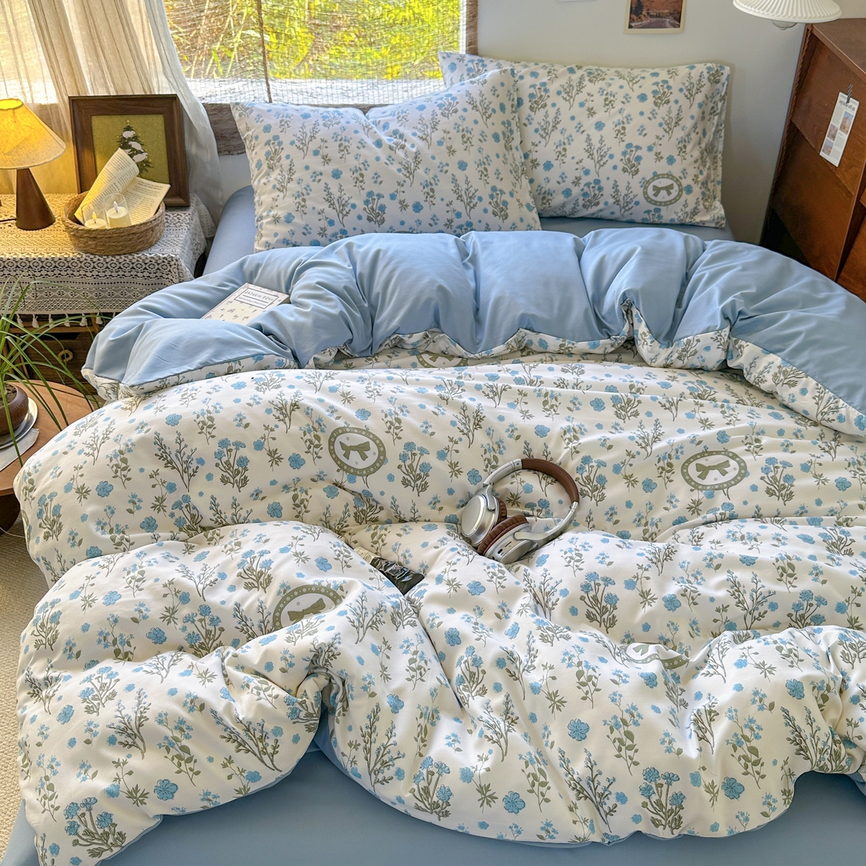 91家纺网 家纺一手货源 找家纺 曼璐家纺 2025新款碎花双拼水洗棉四件套学生宿舍三件套单双人被套和床笠款单被套 假日-蓝