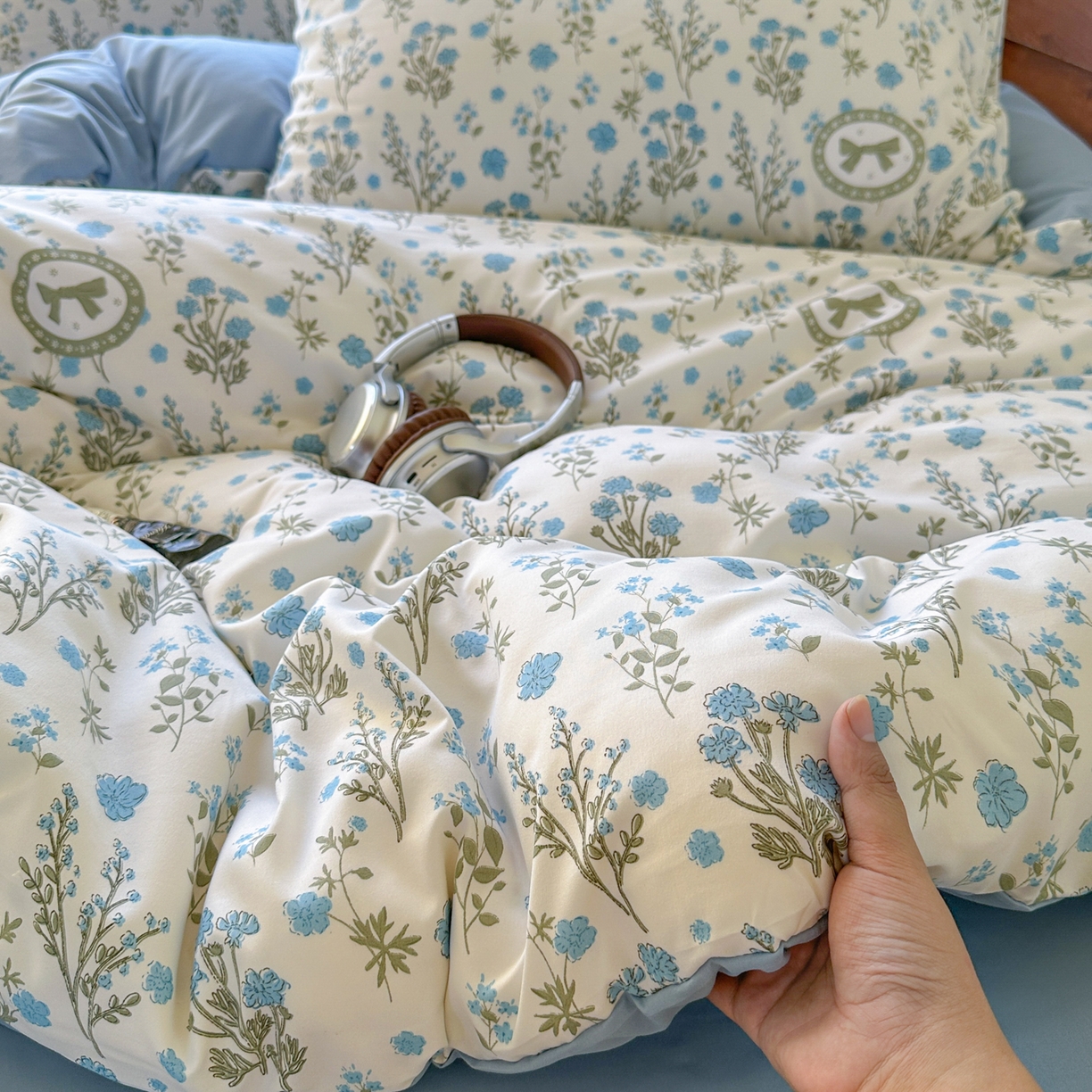 曼璐家纺 2025新款碎花双拼水洗棉四件套学生宿舍三件套单双人被套和床笠款单被套 假日-蓝