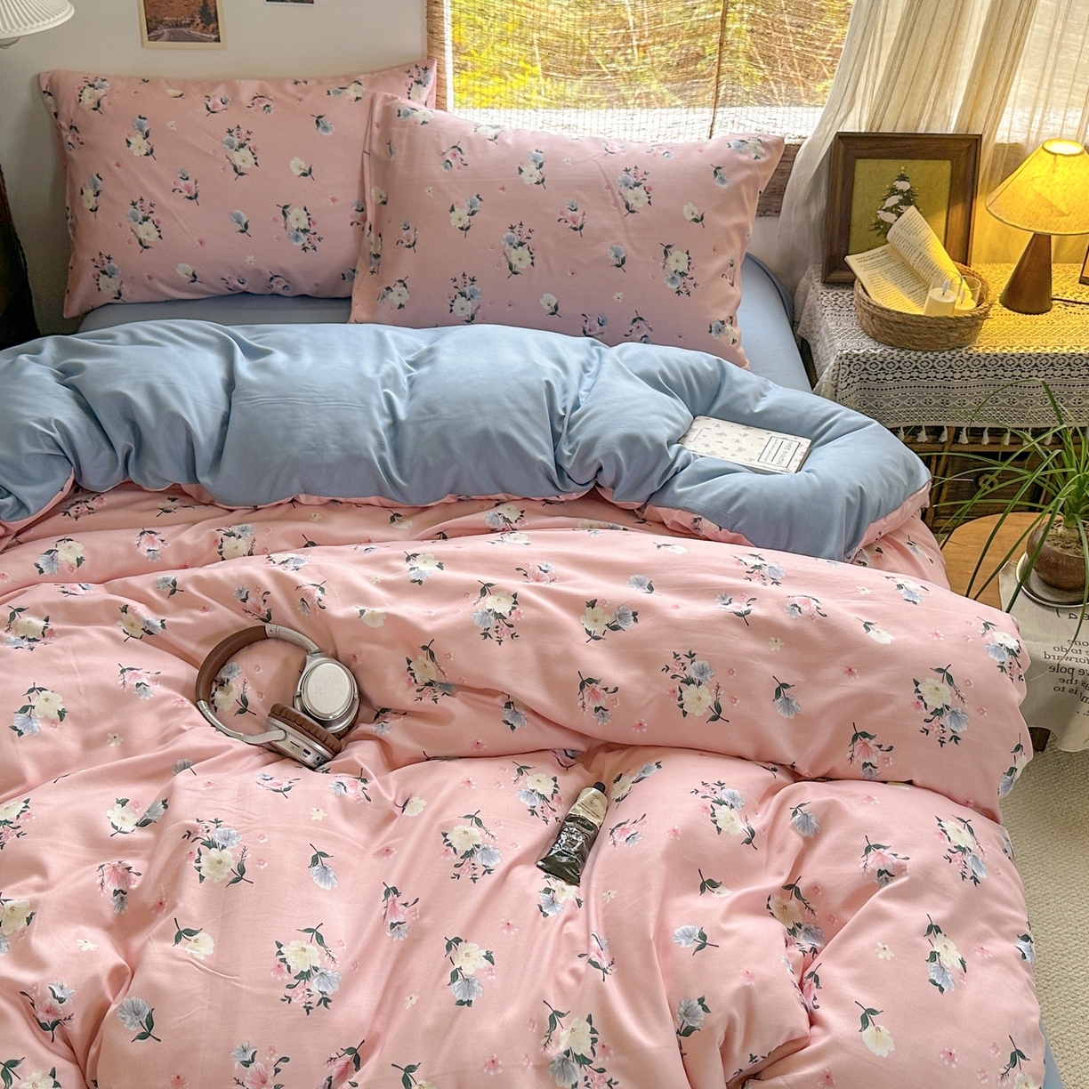 91家纺网 家纺一手货源 找家纺 曼璐家纺 2025新款碎花双拼水洗棉四件套学生宿舍三件套单双人被套和床笠款单被套 静香-粉