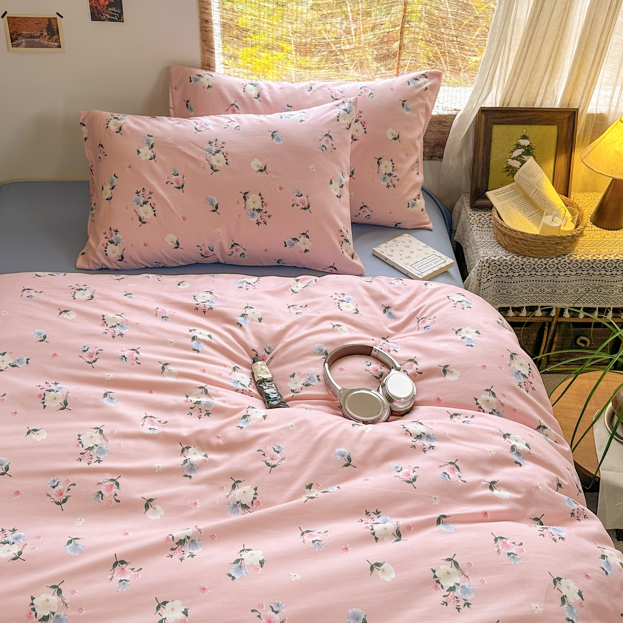 91家纺网 家纺一手货源 找家纺 曼璐家纺 2025新款碎花双拼水洗棉四件套学生宿舍三件套单双人被套和床笠款单被套 静香-粉
