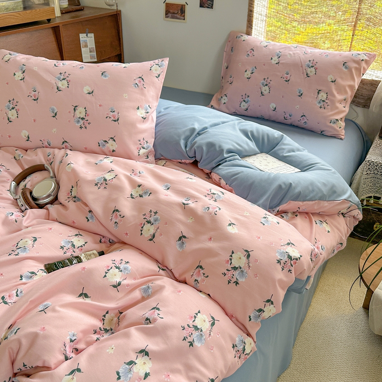 91家纺网 家纺一手货源 找家纺 曼璐家纺 2025新款碎花双拼水洗棉四件套学生宿舍三件套单双人被套和床笠款单被套 静香-粉