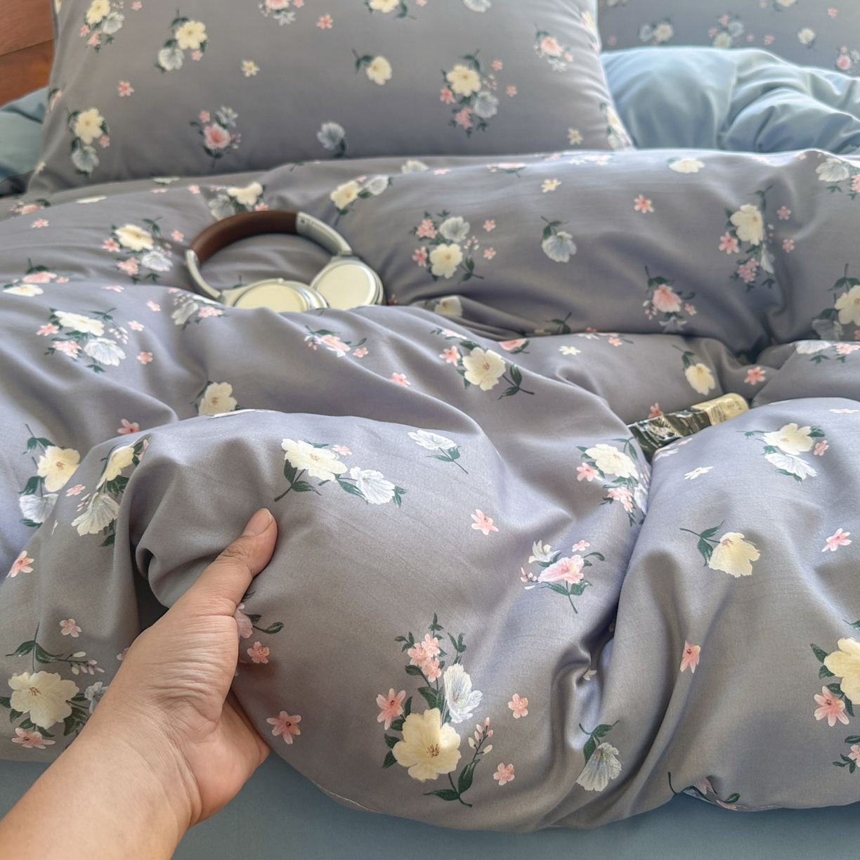 曼璐家纺 2025新款碎花双拼水洗棉四件套学生宿舍三件套单双人被套和床笠款单被套 静香-灰