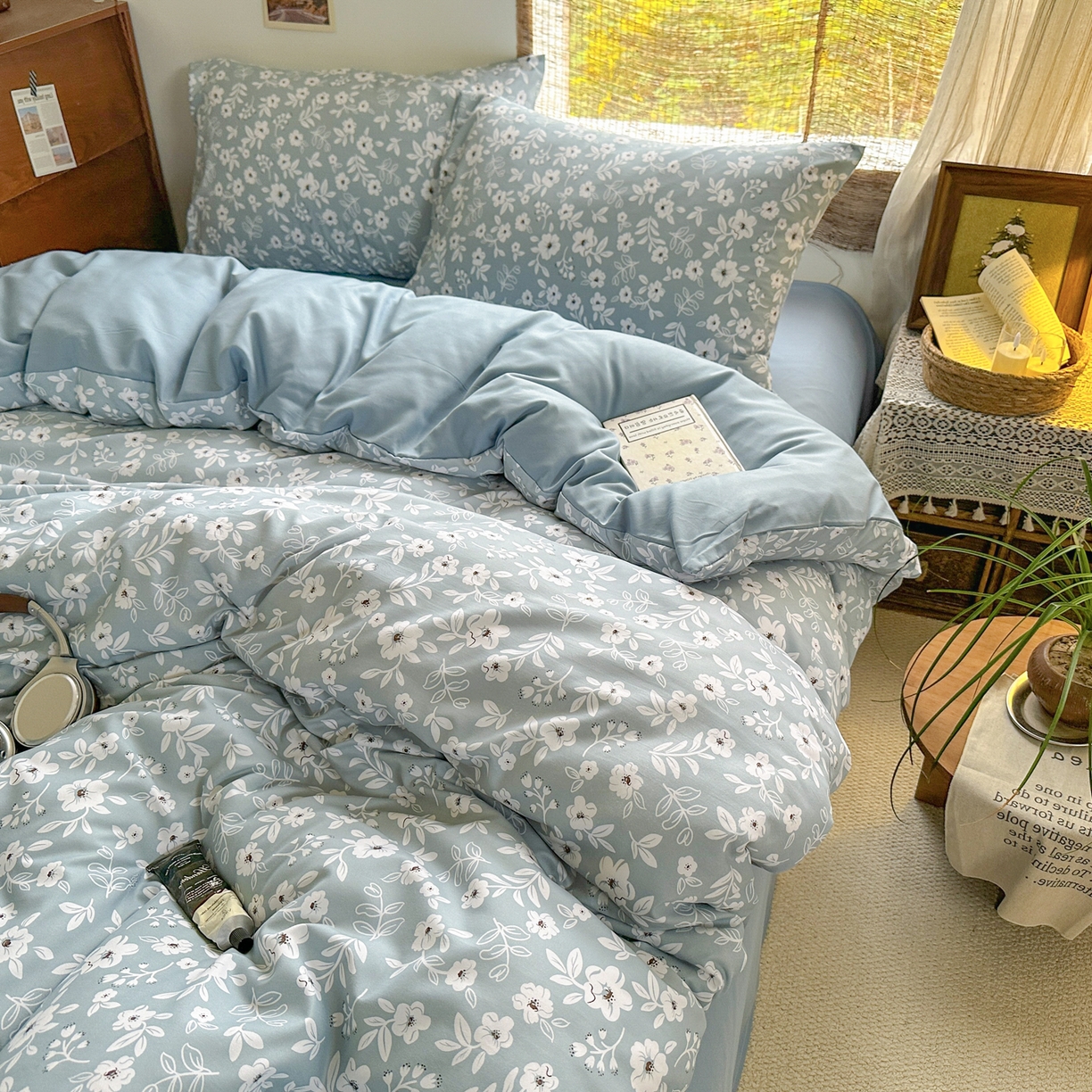 91家纺网 家纺一手货源 找家纺 曼璐家纺 2025新款碎花双拼水洗棉四件套学生宿舍三件套单双人被套和床笠款单被套 木槿