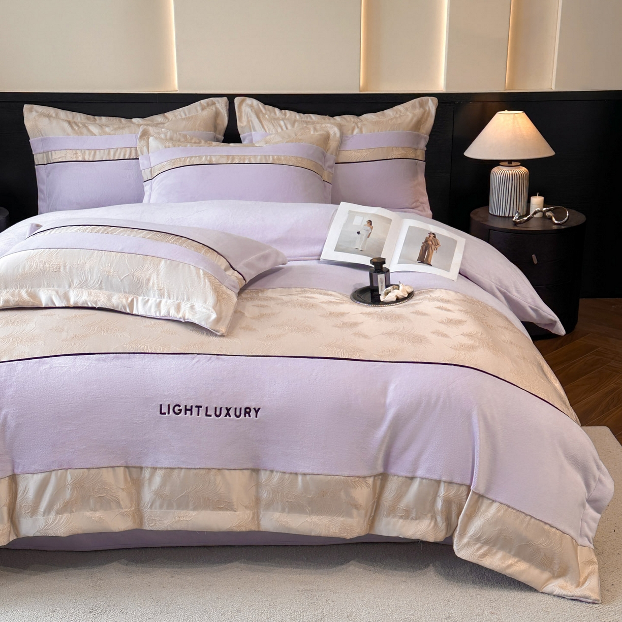 91家纺网 家纺一手货源 找家纺 （总）博纳家纺 2025新款加厚牛奶绒雕花刺绣拼角四件套-羽皇 控价劵后168（严格按控价来）