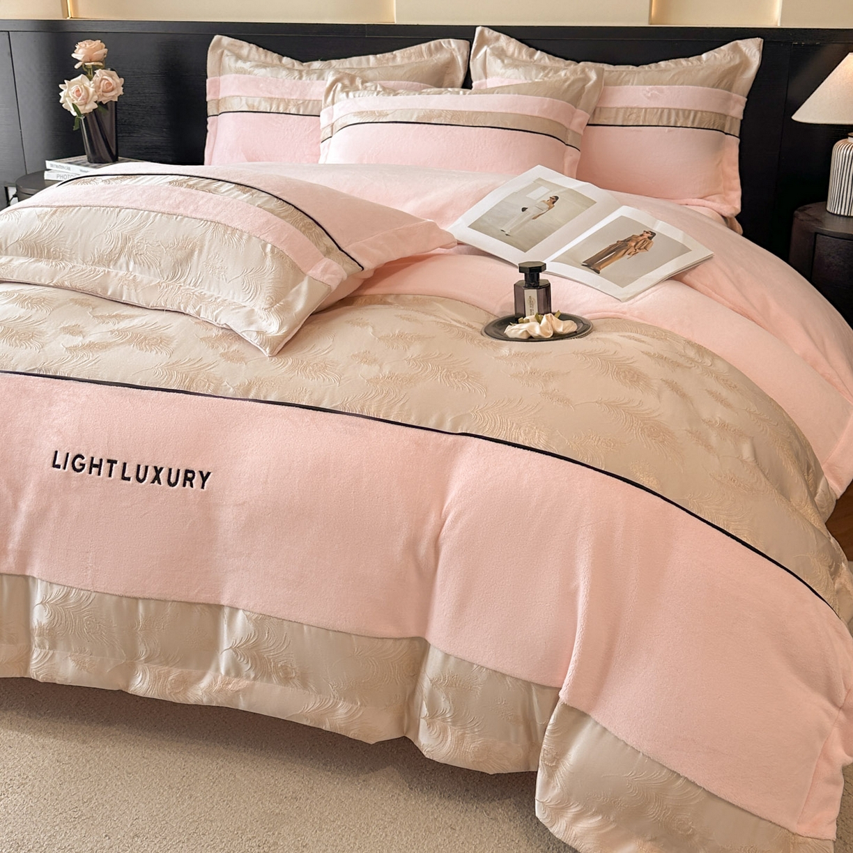 91家纺网 家纺一手货源 找家纺 （总）博纳家纺 2025新款加厚牛奶绒雕花刺绣拼角四件套-羽皇 控价劵后168（严格按控价来）