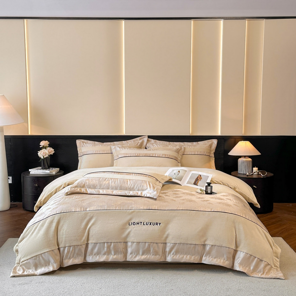 91家纺网 家纺一手货源 找家纺 博纳家纺 2025新款加厚牛奶绒雕花刺绣拼角四件套-羽皇 控价劵后168（严格按控价来） 羽皇-香槟