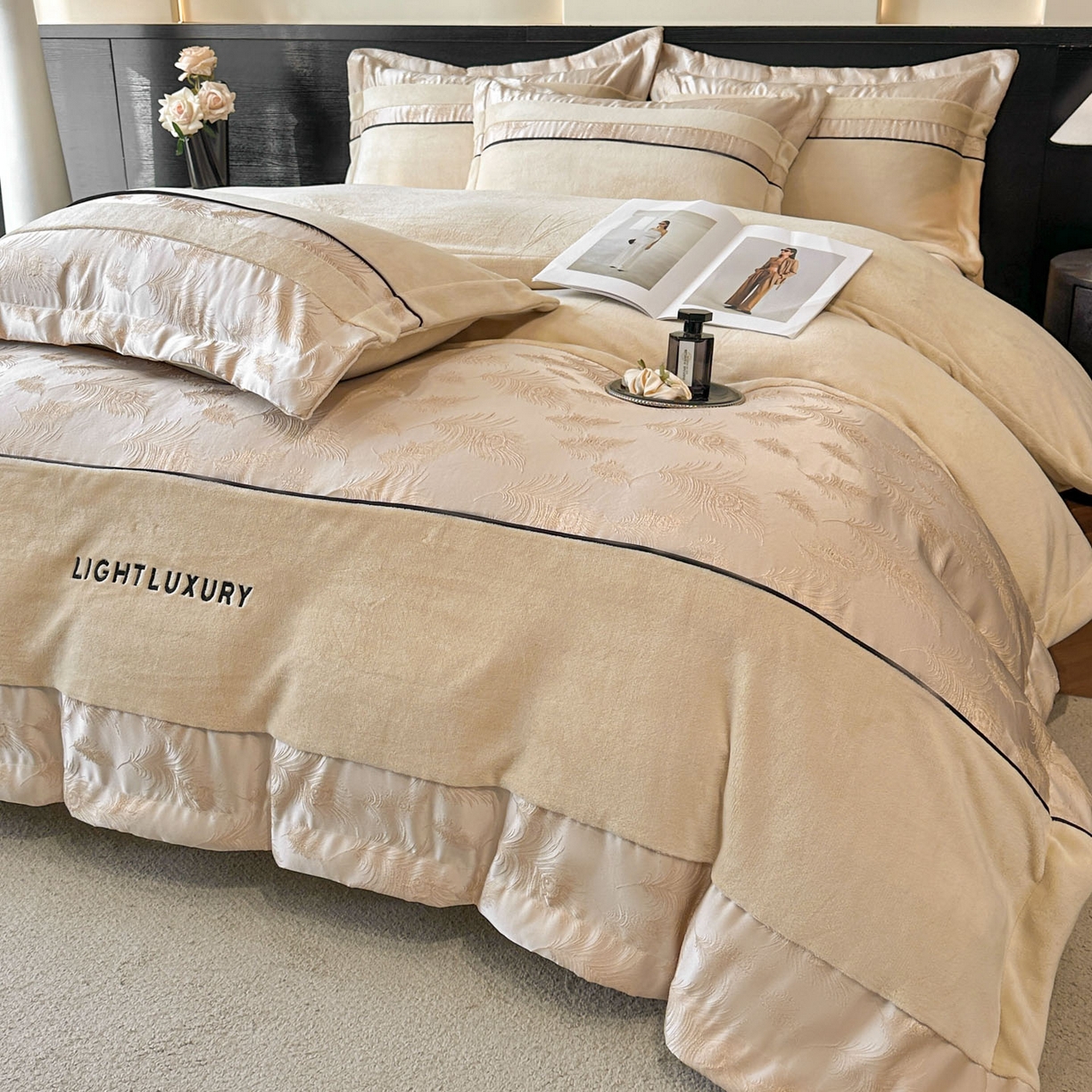 91家纺网 家纺一手货源 找家纺 博纳家纺 2025新款加厚牛奶绒雕花刺绣拼角四件套-羽皇 控价劵后168（严格按控价来） 羽皇-香槟