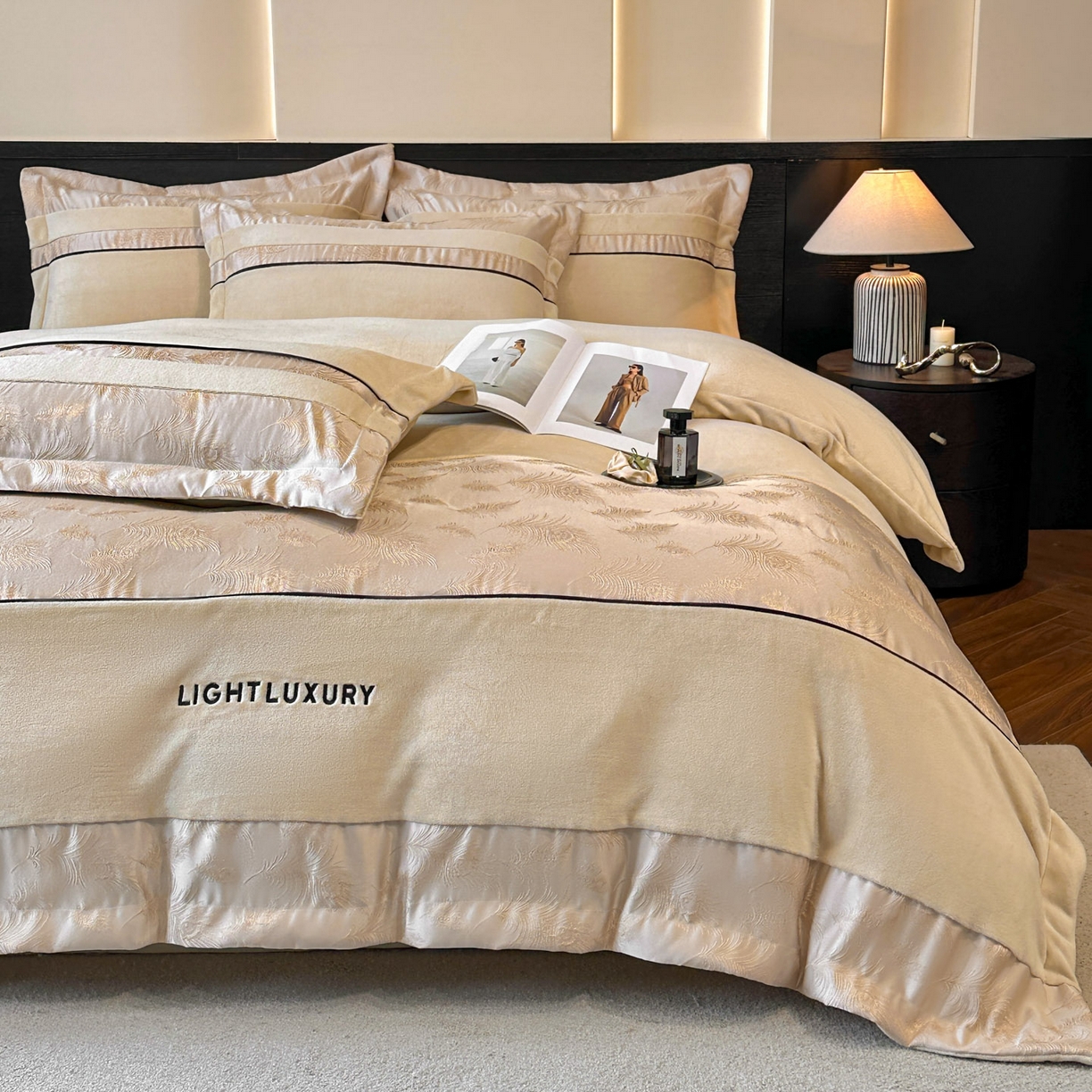 91家纺网 家纺一手货源 找家纺 （总）博纳家纺 2025新款加厚牛奶绒雕花刺绣拼角四件套-羽皇 控价劵后168（严格按控价来）