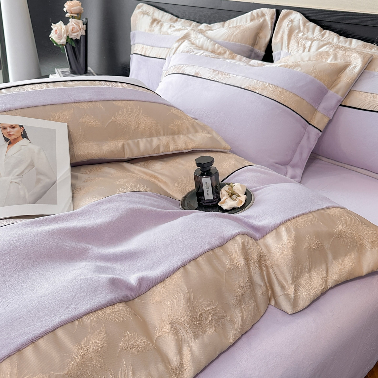 91家纺网 家纺一手货源 找家纺 博纳家纺 2025新款加厚牛奶绒雕花刺绣拼角四件套-羽皇 控价劵后168（严格按控价来） 羽皇-浅紫