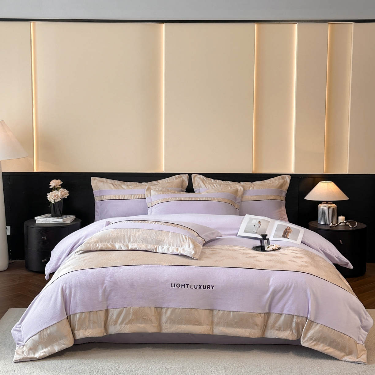 91家纺网 家纺一手货源 找家纺 博纳家纺 2025新款加厚牛奶绒雕花刺绣拼角四件套-羽皇 控价劵后168（严格按控价来） 羽皇-浅紫