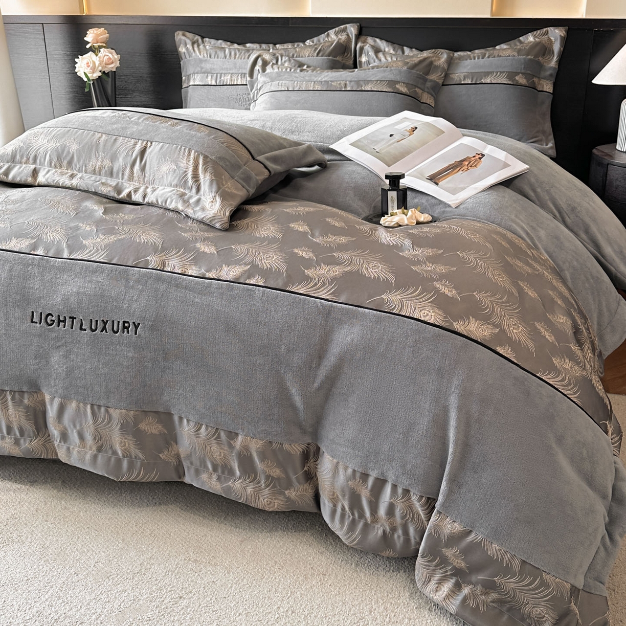 91家纺网 家纺一手货源 找家纺 博纳家纺 2025新款加厚牛奶绒雕花刺绣拼角四件套-羽皇 控价劵后168（严格按控价来） 羽皇-绅士灰