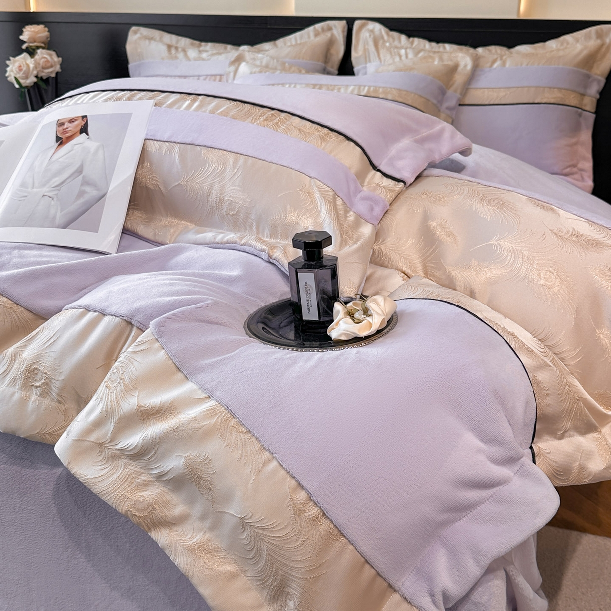 91家纺网 家纺一手货源 找家纺 博纳家纺 2025新款加厚牛奶绒雕花刺绣拼角四件套-羽皇 控价劵后168（严格按控价来） 羽皇-浅紫